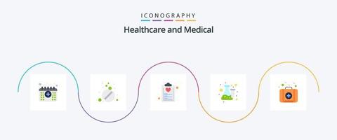 medico piatto 5 icona imballare Compreso test. laboratorio. dai un'occhiata elenco. borraccia. Piano vettore