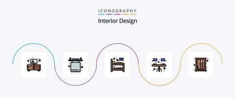 interno design linea pieno piatto 5 icona imballare Compreso arredamento. tavolo. letto. interno. scrivania vettore