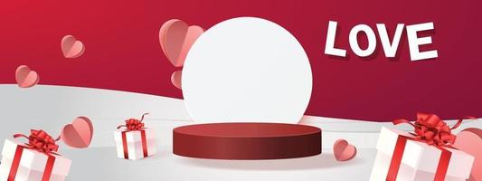 Fondo rosso del prodotto del podio 3D per San Valentino. rosa e cuore amore romanticismo concept design vector illustation decorazione banner