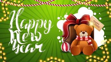 felice anno nuovo, biglietto di auguri orizzontale verde con bellissime scritte, decorazioni natalizie e regalo con orsacchiotto vettore
