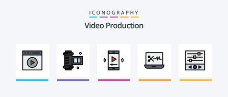 video produzione linea pieno 5 icona imballare Compreso mobile patata fritta. memoria carta. registrazione. foto ritocco. modificare fotografie. creativo icone design vettore