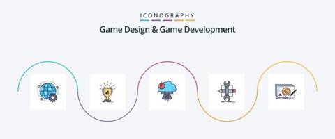 gioco design e gioco sviluppo linea pieno piatto 5 icona imballare Compreso sviluppare. costruire. premio. guerra. nucleare vettore