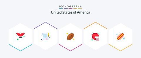 Stati Uniti d'America 25 piatto icona imballare Compreso hot dog. unito. gli sport. stato. casco vettore