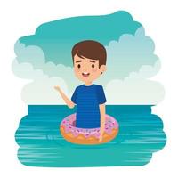 carino ragazzino con camicia e ciambella galleggia sul mare vettore