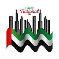 giornata nazionale degli Emirati Arabi Uniti con edifici della città e disegno vettoriale di bandiera