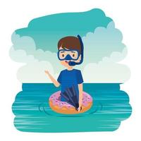 ragazzino carino con galleggiante a ciambella e fare snorkeling in mare vettore