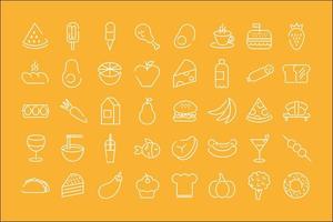 fascio di quaranta icone di cibo in uno sfondo giallo vettore