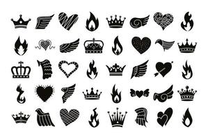 fascio di icone con ali, fiamme, cuori e corone vettore
