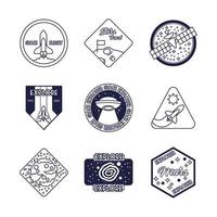 pacchetto di nove icone di stile di linea di badge spaziali vettore