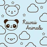 fascio di animali kawaii con stile linea nuvole e stelle vettore