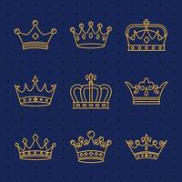 pacchetto di nove icone di stile della linea reale di corone d'oro vettore