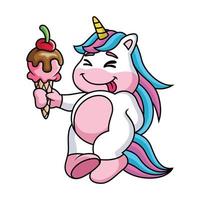 simpatico cartone animato unicorno porta il gelato con un dolce sorriso vettore