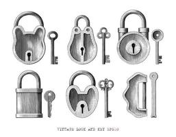 serratura vintage e collezione di chiavi disegnate a mano incisione stile arte in bianco e nero isolato su sfondo bianco vettore