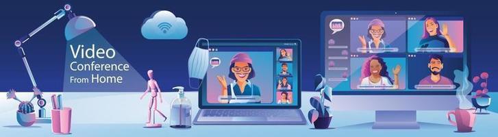 persone che lavorano sullo schermo della finestra a parlare con i colleghi. videoconferenza e pagina dell'area di lavoro della riunione online, illustrazione vettoriale di apprendimento uomo e donna, piatta