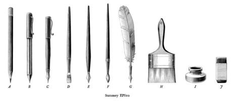 antica incisione illustrazione del set di cancelleria disegno in stile vintage arte in bianco e nero isolato su sfondo bianco vettore
