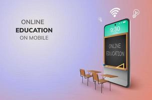 aula digitale educazione online scuola materna torna al concetto di scuola. apprendimento sulla lavagna del telefono cellulare kid bambini studente scrivania tavolo sedia vettore