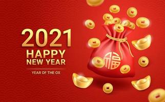 Capodanno cinese 2021 lingotto d'oro monete d'oro e borsa rossa su sfondo biglietto di auguri. illustrazioni vettoriali. vettore