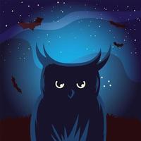 fumetto del gufo di Halloween con i pipistrelli di notte disegno vettoriale