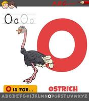 foglio di lavoro lettera o con personaggio animale struzzo cartone animato vettore