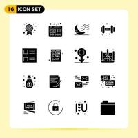 16 solido glifo concetto per siti web mobile e applicazioni elenco casella di controllo Luna dumbell Palestra modificabile vettore design elementi