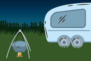 roulotte camper, scena del campo notturno vettore