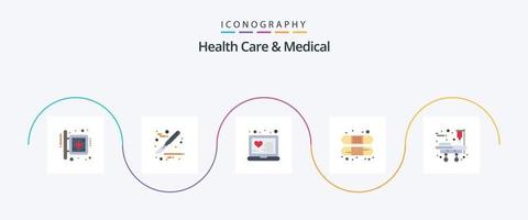 Salute cura e medico piatto 5 icona imballare Compreso barella. trattamento. il computer portatile. bendare. aiuto vettore