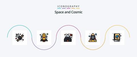 spazio linea pieno piatto 5 icona imballare Compreso scienza. finzione. costruzione. libro. navetta vettore