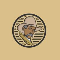 americano cowboy nel un' cappello. logo o emblema vettore illustrazione, ritratto di cowboy nel maschera. vettore illustrazione