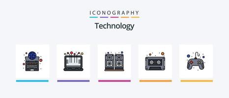 tecnologia linea pieno 5 icona imballare Compreso proiettore. videoproiettore. tastiera del computer. lente. foto. creativo icone design vettore