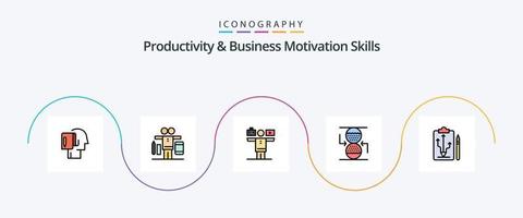 produttività e attività commerciale motivazione abilità linea pieno piatto 5 icona imballare Compreso pensare. strategia. opera. Piano. sandclock vettore