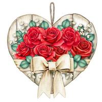 piastrina cuore in legno bianco rustico shabby chic acquerello con rose rosse