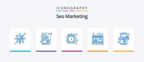 SEO marketing blu 5 icona imballare Compreso SEO in linea. il computer portatile. i soldi. negozio. app. creativo icone design vettore