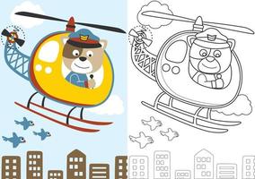 vettore cartone animato di divertente gatto su elicottero con uccelli, colorazione libro o pagina