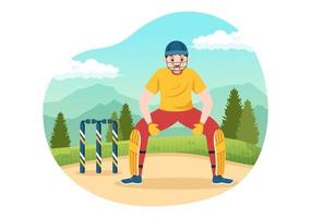 battitore giocando cricket sport illustrazione con pipistrello e palle nel il campo per campionato nel piatto cartone animato mano disegnato modelli vettore