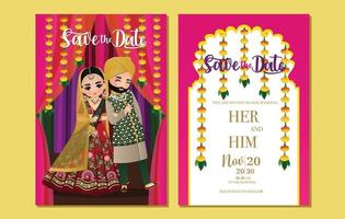 carino indù coppia nel tradizionale indiano vestito cartone animato carattere.romantico nozze invito carta vettore
