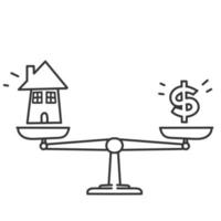 mano disegnato scarabocchio Casa e i soldi su peso scala illustrazione simbolo per prestito Casa vettore