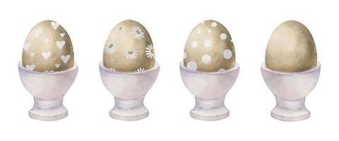 acquerello mano disegnato Pasqua celebrazione clipart. impostato di dipinto uova nel porcellana tazze. pastello colore. isolato su bianca sfondo. per inviti, i regali, saluto carte, Stampa, tessile vettore
