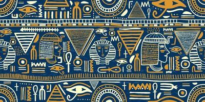 modello senza cuciture tribale ornamento antico egiziano. arte tribale egiziano vintage sagome etniche seamless pattern in colore blu e oro. vettore