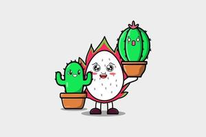 carino cartone animato Drago frutta hold cactus pianta nel pentola vettore