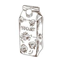 vettore schizzo di tetra imballare Yogurt confezione. Yogurt con fragole. Vintage ▾ mano disegnato illustrazione. retrò elemento per etichette, confezione e carte design.