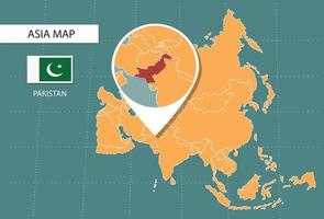 Pakistan carta geografica nel Asia Ingrandisci versione, icone mostrando Pakistan Posizione e bandiere. vettore