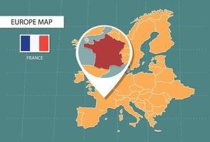 Francia carta geografica nel Europa Ingrandisci versione, icone mostrando Francia Posizione e bandiere. vettore