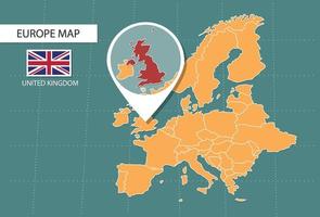 UK carta geografica nel Europa Ingrandisci versione, icone mostrando UK Posizione e bandiere. vettore