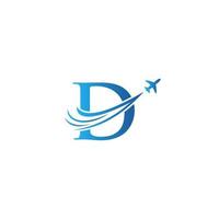 lettera d viaggio logo design concetto con volante aereo simbolo vettore