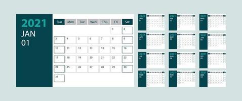 calendario 2021 settimana inizia domenica modello di pianificatore di corporate design su sfondo verde vettore
