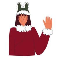 contento ragazza nel rosso asiatico Abiti e verde coniglio cappello - simbolo di anno Sorridi e onda mano. vettore azione illustrazione isolato su bianca sfondo nel piatto stile