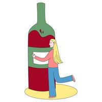 triste adolescente ragazza abbracci un' bottiglia di vino. un' giovane donna e alcol. alcool abuso, eccesso e dipendenza. vettore piatto cartone animato illustrazione.