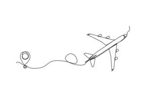 singolo uno linea disegno aereo volo itinerario con di partenza punto e linea traccia. aria mezzi di trasporto concetto. continuo linea disegnare design grafico vettore illustrazione.