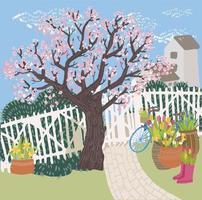 sakura albero con fioritura, primavera stagione al di fuori vettore