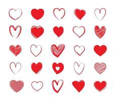 set di simboli del cuore rosso. amore icona disegnata a mano isolati su sfondo bianco. vettore